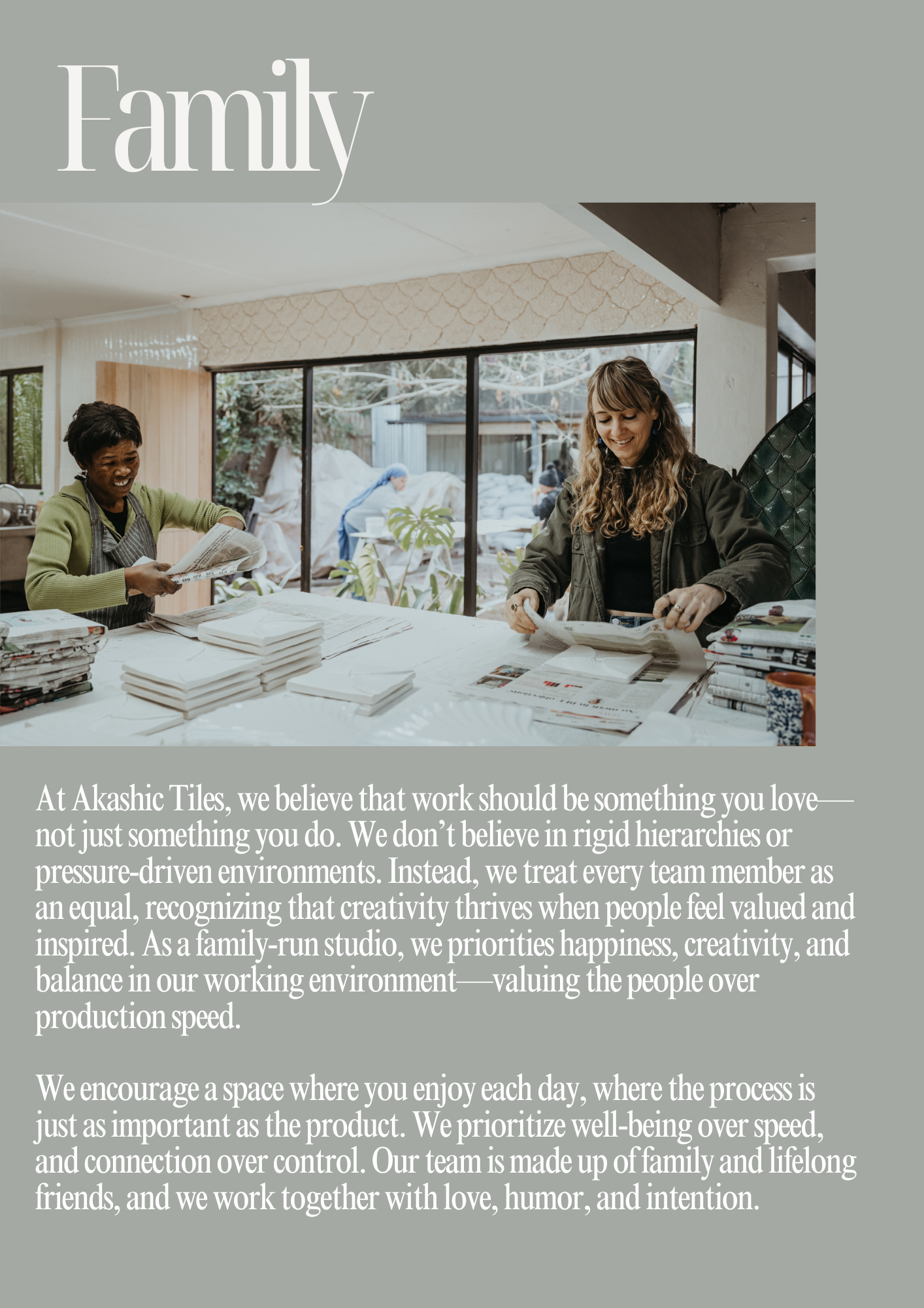 Members of the Akashic Tiles team working together in their Knysna studio, reflecting the family-oriented values and collaborative spirit behind their handcrafted ceramic tile collections.