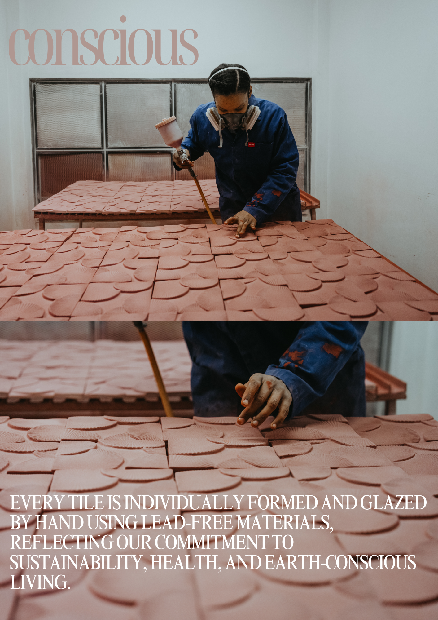 Artisan hand spraying handcrafted Wheel of Time ceramic tiles in the Akashic Tiles studio during the ceramic finishing process.