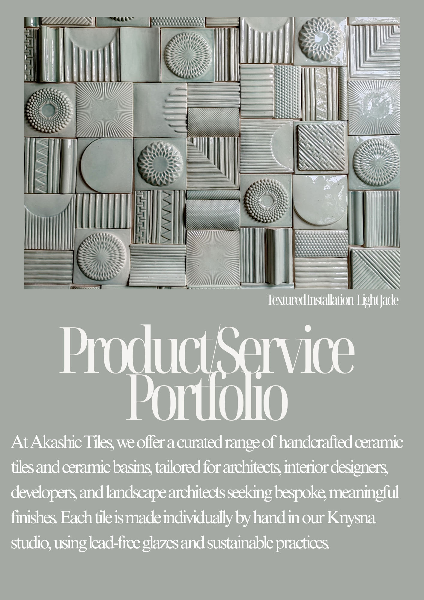 Handmade textured ceramic wall tiles in a light jade glaze featuring artisan geometric and decorative patterns by Akashic Tiles.