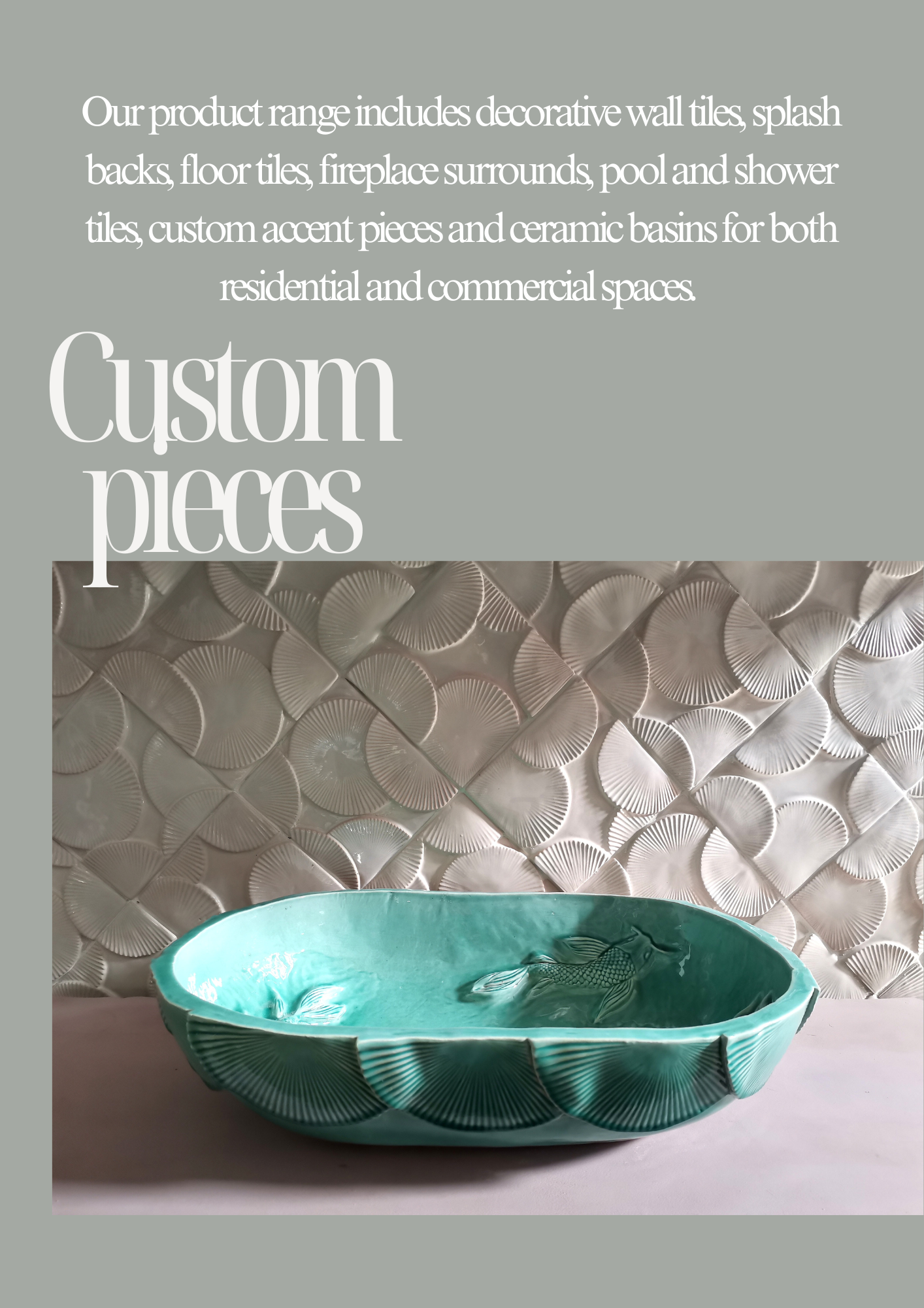 Handcrafted jade ceramic oval basin displayed in front of bespoke Wheel of Time artisan wall tiles, showcasing Akashic Tiles' custom ceramic collections